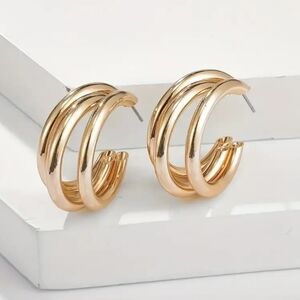 Gold Triple Layered Hoops Earrings